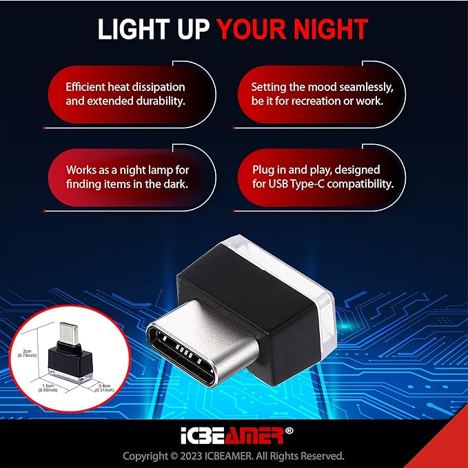 ICBEAMER Type C Adapters Atmosphere Light 2-Pack (Red) | Universal Plug-in Miniature LED Night Light for Car Interior and Trunk Ambient Lighting