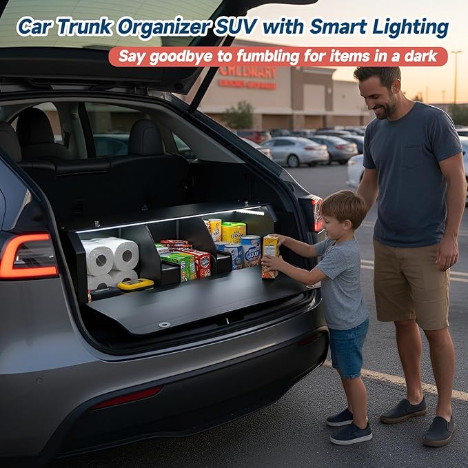 Trunk Organizer SUV with LED Light, Waterproof Leather Car Trunk Storage Organizer with Lights, Large Capacity Sturdy Car Storage Box Powered by 4 AA Batteries (Batteries Not Included)