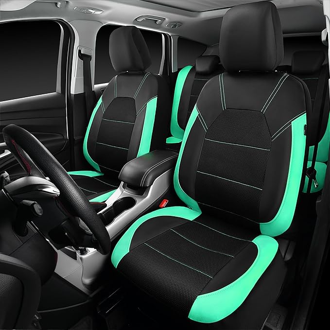 CAR PASS Leather Seat Covers, Breathable Universal Car Seat Cover Full Set for Cute Women Girly,Super 5mm Composite Sponge Inside,Airbag Compatible Fits Most Auto,SUVs,Trucks,Vans(Full Set,Black&Mint)