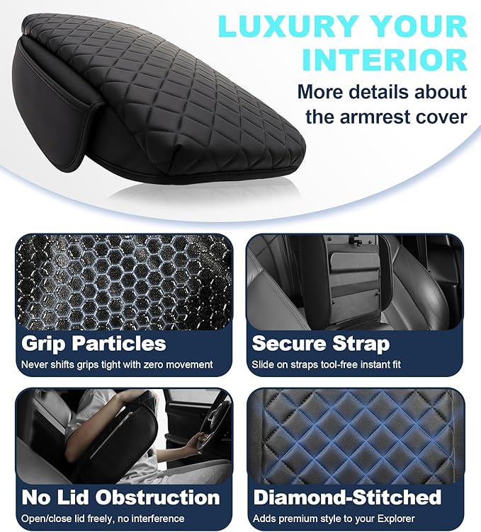 Center Console Cover for Ford Explorer Arm Rest Lid, Diamond Quilted Armrest Pad with 1-Inch Comfort Lift (2020-2026)