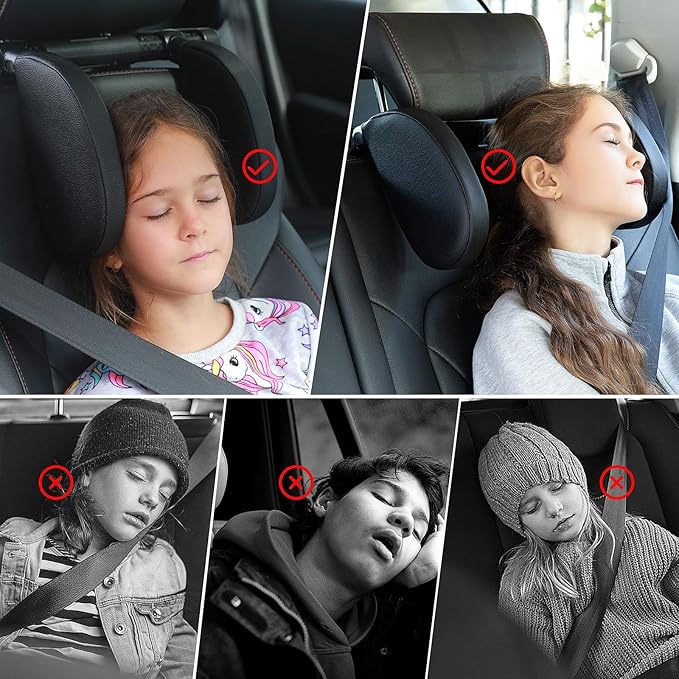 QRabbit Adjustable Car Headrest Pillow, U-Shaped Head Support Neck Pillows, Car Travel Sleeping Headrest Pillow for Kids & Adults Head Support, Only Suitable for Car Seat with 2 Poles