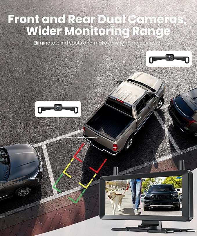 AUTO-VOX 2 Wireless Backup Camera: 7.2" USB-Powered Dual Split-Screen 1080P HD Monitor with DVR Recording, Front and Rear Coverage, Stable Signal, Back Up Camera for Pickup, Trailer, SUV