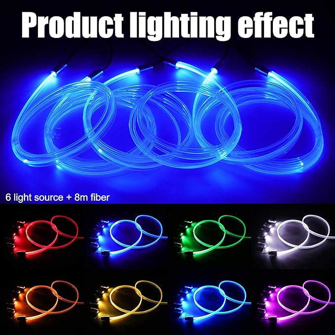 Car Interior Ambient Lighting Optic Fiber RGB 64 Colors Multicoloured Music Car Footwell Lighting Kit with Cigarette Lighter and App Microphone, 12-24V 8m