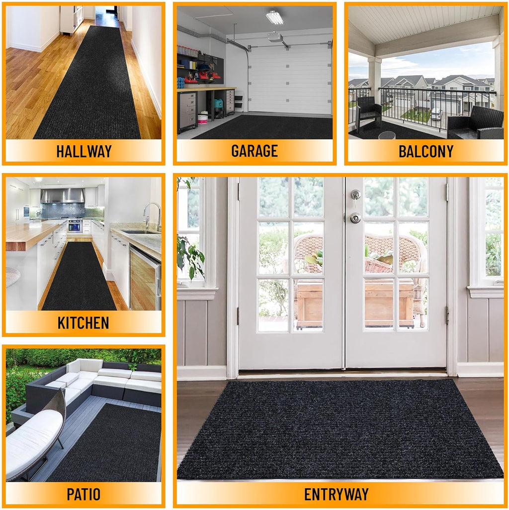 Ottomanson 2' x 9' Hallway Runner with Scraper Pile Extra Durable Non-Slip Rug Mat for Indoor & Outdoor Use - Ideal for Kitchen, Entryway, Patio & Garage - High-Traffic Carpet, Black