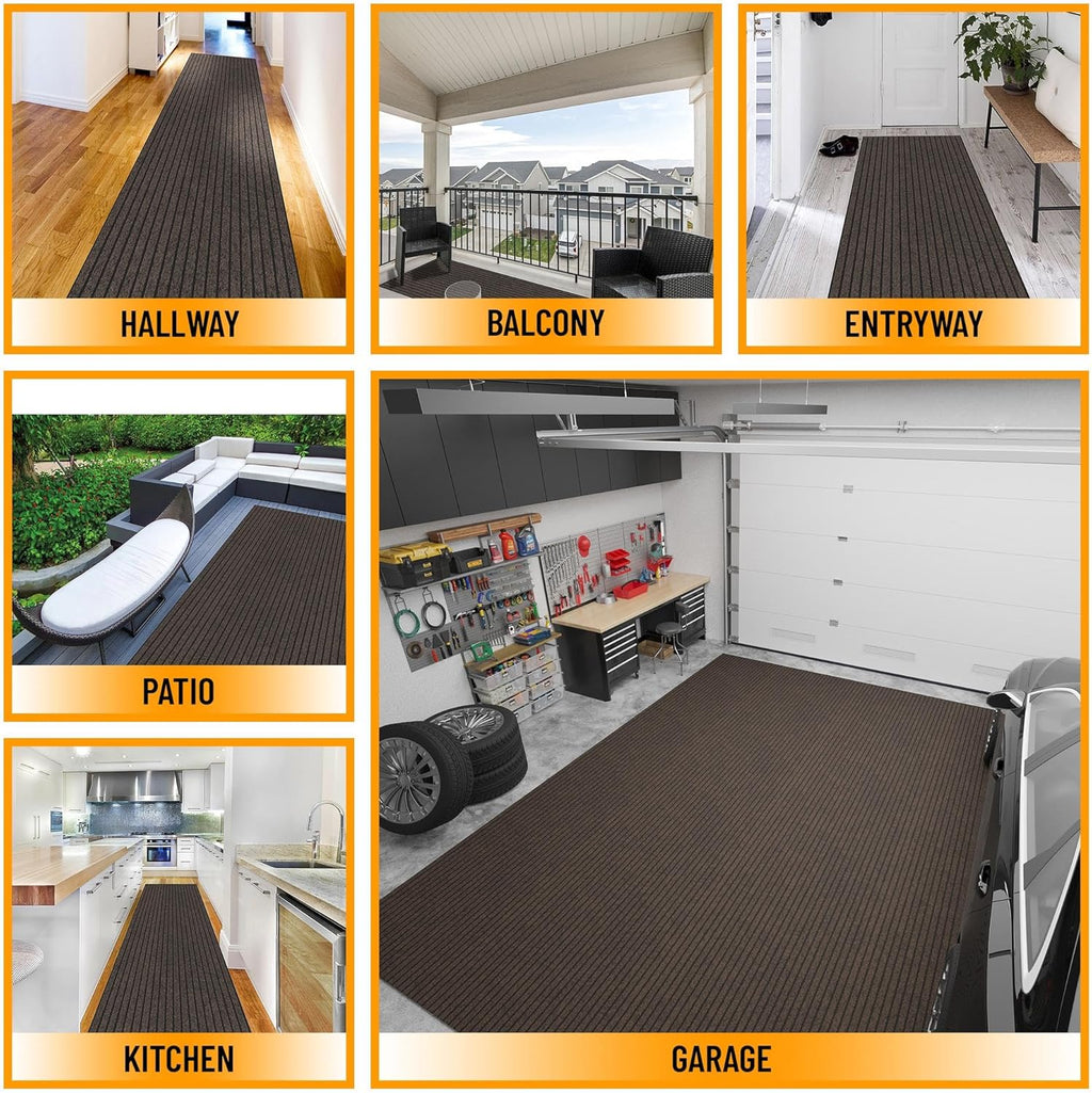 Ottomanson 2'7" x 35' Hallway Runner with Scraper Pile - Extra Durable Non-Slip Rug Mat for Indoor & Outdoor Use - Ideal for Kitchen, Entryway & Garage - High-Traffic Carpet, Brown