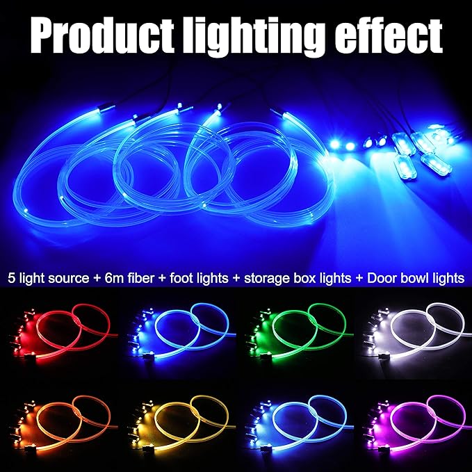 64 Colors Car Ambient Lighting Fiber Optic RF Remote + APP Control Multicoloured Music Car Atmosphere Decorative Lighting Kit 1W DC 12V-24V 6m
