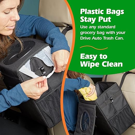Drive - Car Trash Can - Collapsible, Leakproof Garbage Bin with 20 Trash Bags and Adjustable Strap - Car & Truck Accessories for Men and Women - Black, Large