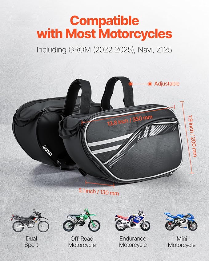 VEVOR Motorcycle Saddlebags, 30L (15L x 2) Large Capacity Saddle Bag Compatible with Grom (2022-2025), Navi, Z125 and Most Motorcycles, Sport Motorbike Side Bag with Waterproof Rain Cover and Straps