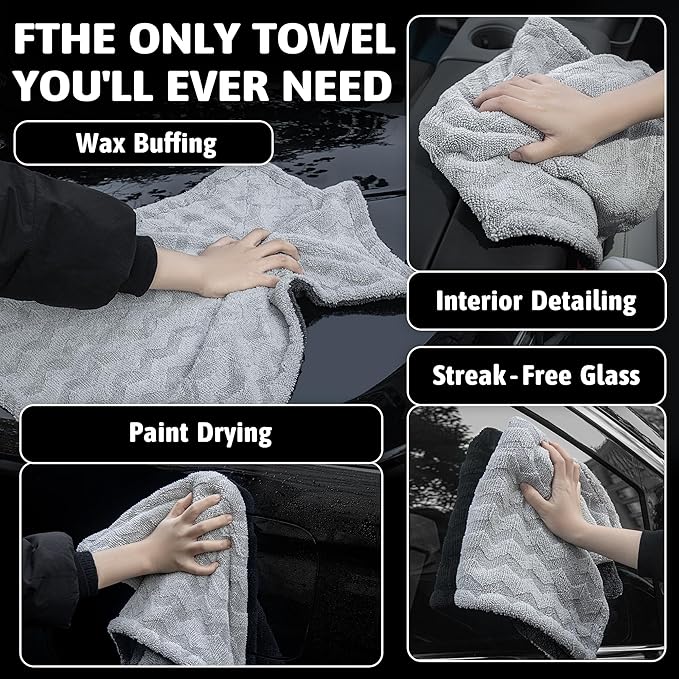 Greenfound Microfiber Towel for Cars, 1000GSM Car Drying Towel, Double Twist Pile & Edgeless Design, No Streaks, Scratches, or Water Spots, Soft and Absorbent, 18"×24", Wave Silver&Grey