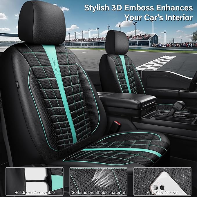 CAR PASS 3D Air Mesh Seat Covers for Car, Leather Car Seat Cover Front Seats, Breathable Foam Premium Leather Mesh Front Seat Covers Universal Fit for Cars Sedans Trucks Vans SUVs, Black Mint