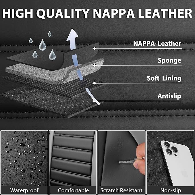 CAR PASS Nappa Leather Car Seat Covers Full Set, Luxury Seat Protector for Cars, Waterproof Anti-Slip Seat Cushion Armrest Compatible Airbag Universal for Sedan SUV Pick-up Truck Auto, Black Gray