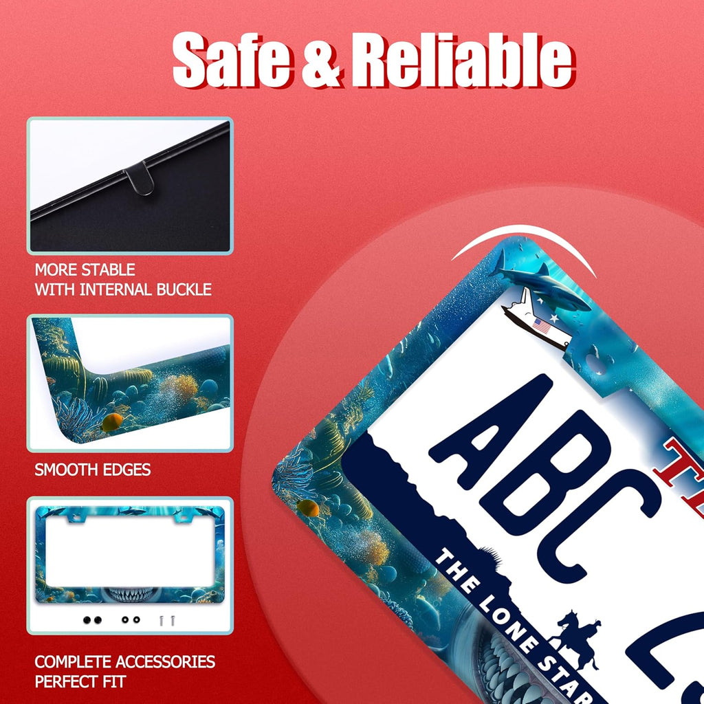 Shark License Plate Frame Ocean Marine Fish License Plate Holder Funny Stainless Steel Accessories Cars Decor with 2 Holes and Screws Fits Standard Us Ca Vehicles License Plate Frames 12.2 X 6 Inch