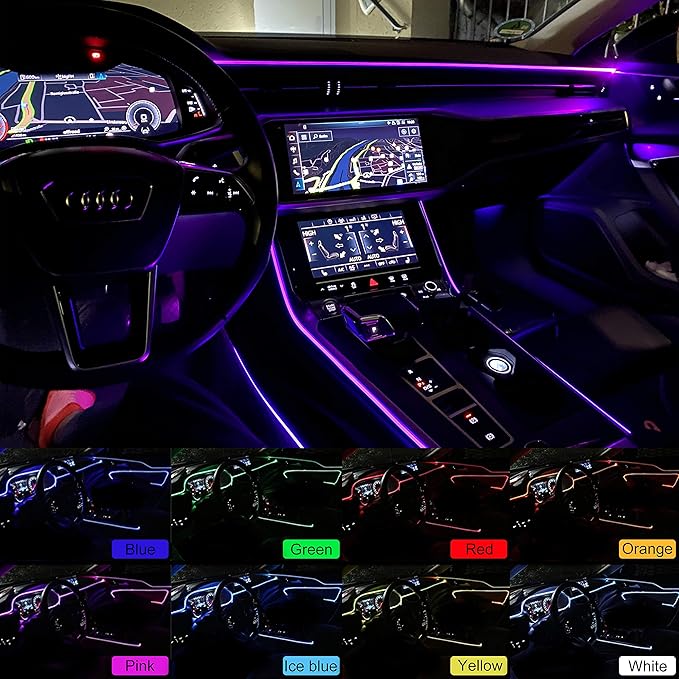 Car Ambient Lighting Optic Fiber 64 Colors Music Sound Active with APP Control Car Decorative Atmosphere Lighting Kit DC 12V 1W 3m