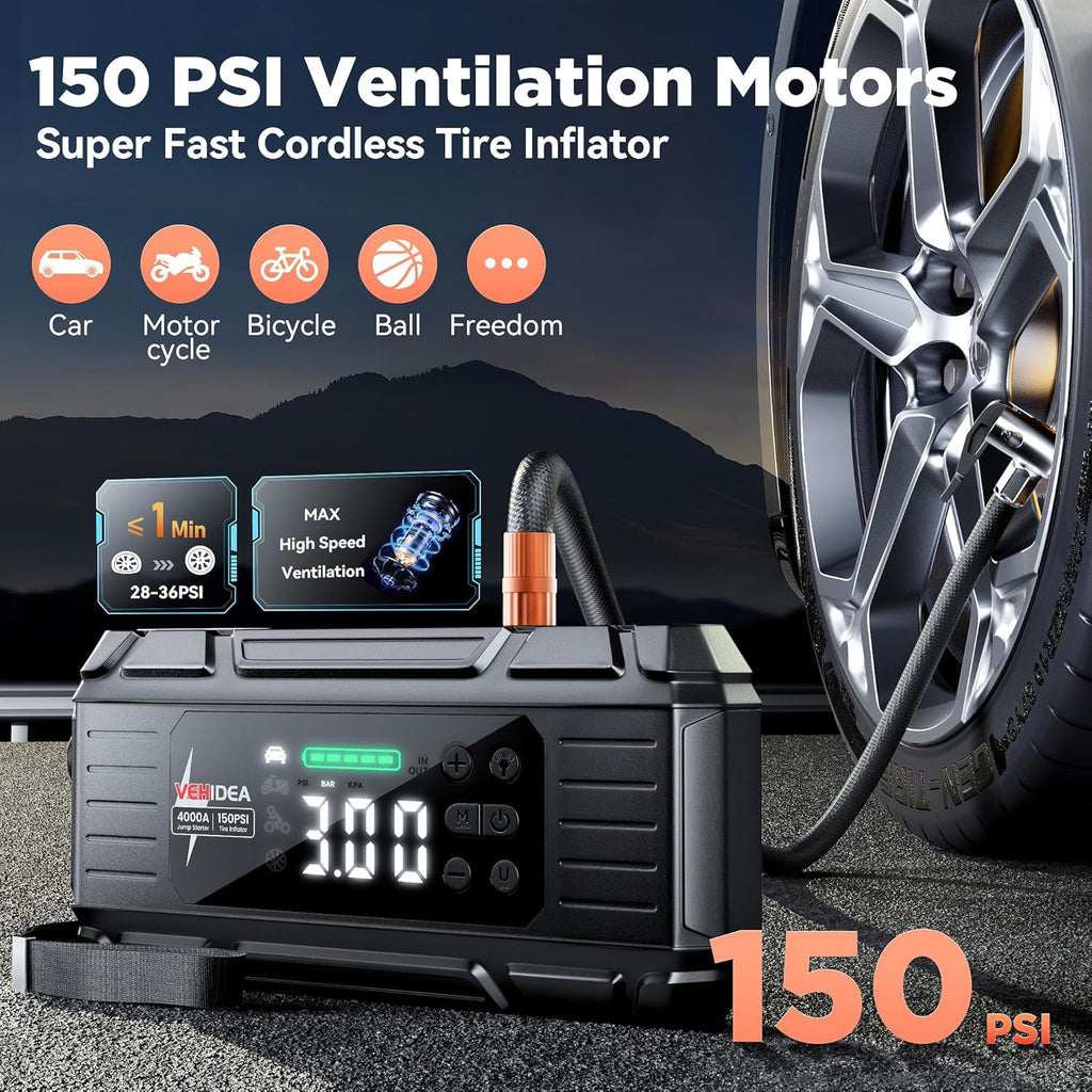 Jump Starter with Air Compressor: 4000A 150PSI Car Battery Charger - 65W Tire Inflator Portable Car Battery Jumper Starter Power Pack - Jump Box Cables (All Gas/10L Diesel) - for Automotive RV Tools