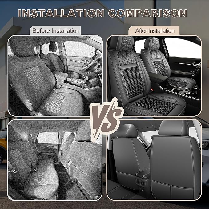 TTX LIGHTING for Ford Taurus 2002-2019 Car Seat Covers, Breathable Ice Silk & Leather Seat Protector, Cool & Anti-Sweat for Long Driving, Airbag Compatible, 2 Front Seats (Black&Gray)