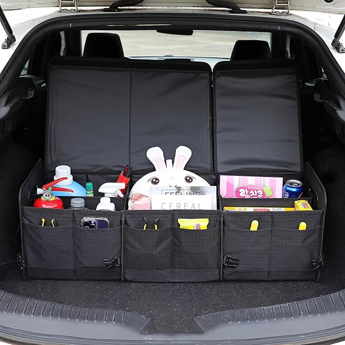 AOKJOY Car Trunk Organizer with Lid Storage Collapsible Multi Compartment Adjustable Straps for SUV, Truck, Sedan(Black) XL