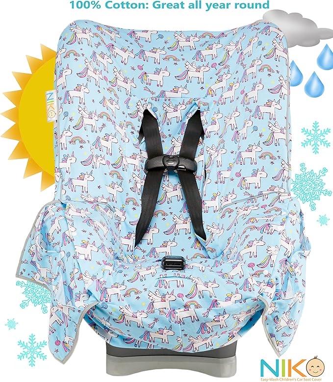 Niko Easy-Wash Children's Car Seat Cover & Liner - 100% Cotton Jersey Blue Unicorn - Fits Most Toddler Car Seats - Universal Fit - Waterproof SEAT Bottom - Machine Wash and Dry