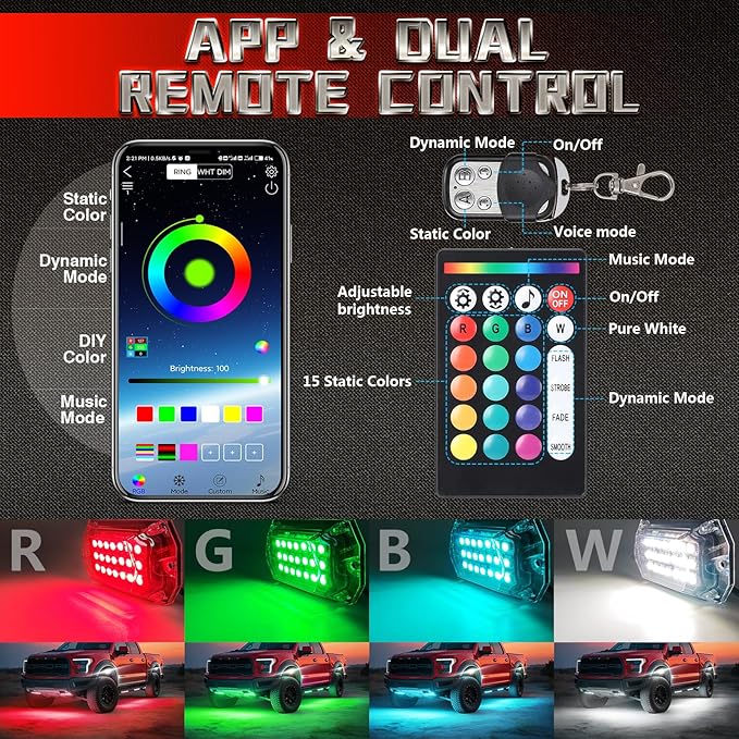 8 Pods Full Angle RGBW LED Rock Lights for Truck ATV UTV RZR SXS Jeeps Van RV Offroad,Waterproof Multicolor Neon Underglow Kit with APP/RF Remote&Brake Red Function, 12V Pure White Underbody Lights
