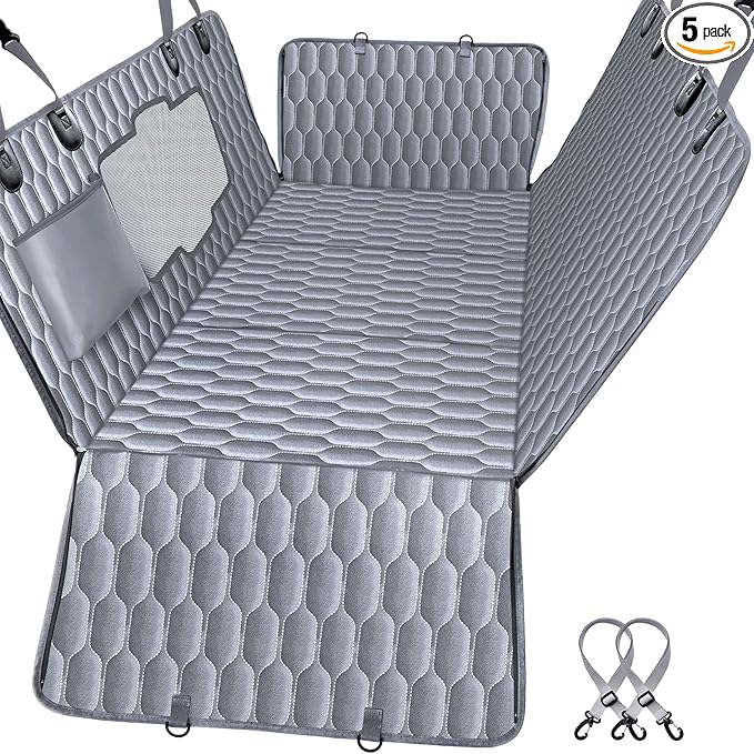 Chumajor Back Seat Extender for Dogs-Supports 400lb,Waterproof Dog Car Seat Cover Hard Bottom-Detachable,600D Heavy Duty Scratch Proof Nonslip Soft,Dog Hammock for Car,SUVs-Grey