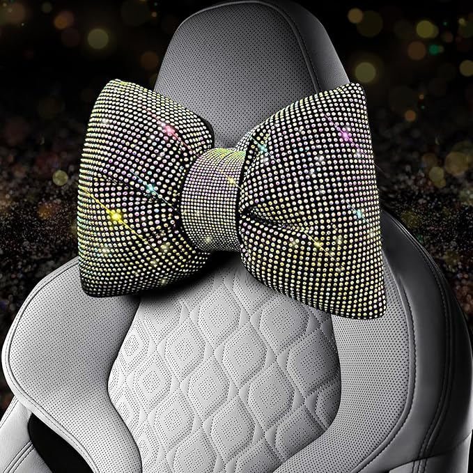 4 PCS Bling Car Pillows,Rhinestones Bowknot Car Headrest Pillow,Car Neck Pillow for Driver Relax Necksupport,Sleeping Travel Support Neck Pillow,Shiny Diamond Interior Accessories for Women, Colorful