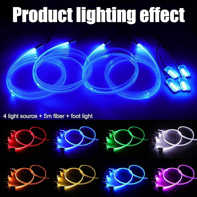 Car Interior Strip Lights, 4 in 1 Multicolor RGB Car Footwell Ambient Lighting Kit, 5m Fiber Optic EL Neon Tube Light, DIY Mode Music Sync APP Control DC 12V