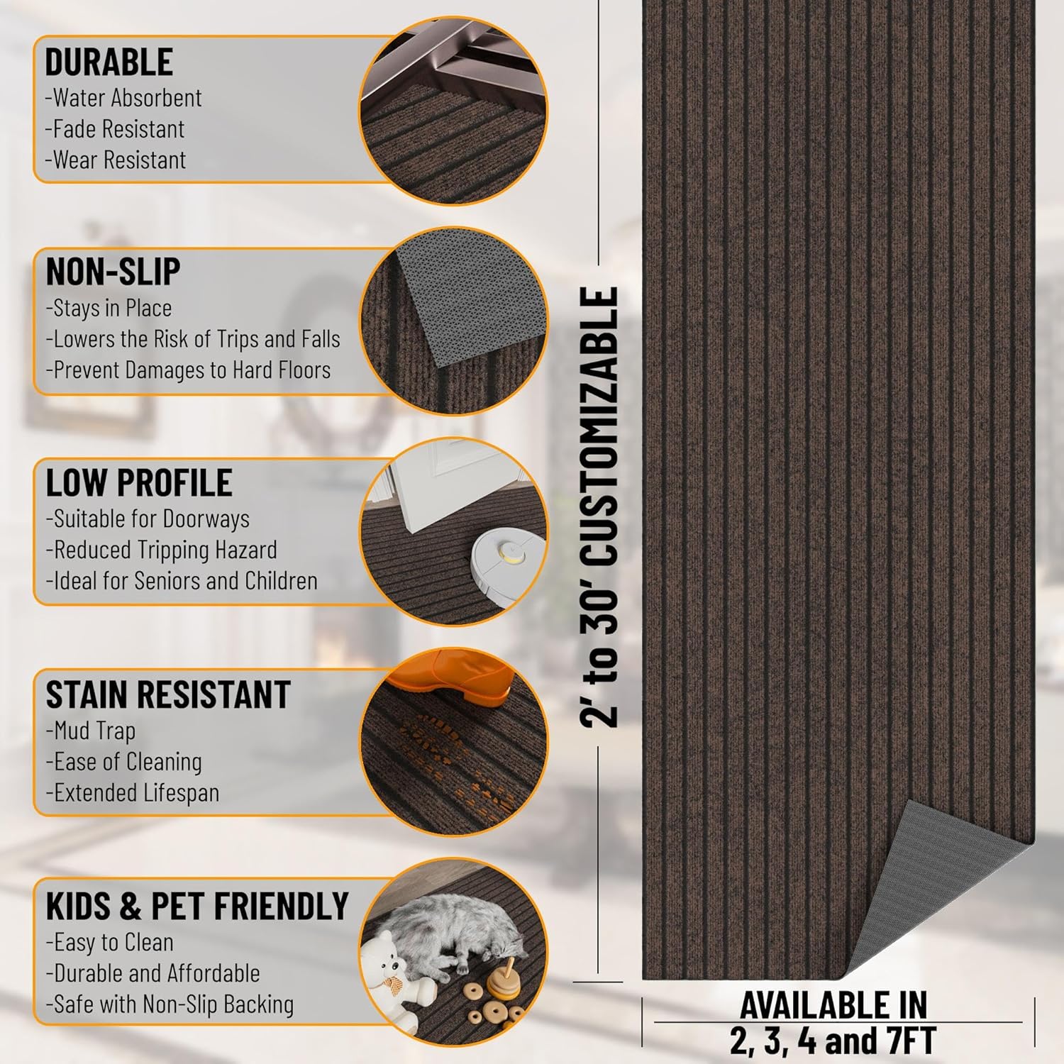 Ottomanson 2'7" x 18' Hallway Runner with Scraper Pile - Extra Durable Non-Slip Rug Mat for Indoor & Outdoor Use - Ideal for Kitchen, Entryway & Garage - High-Traffic Carpet, Brown