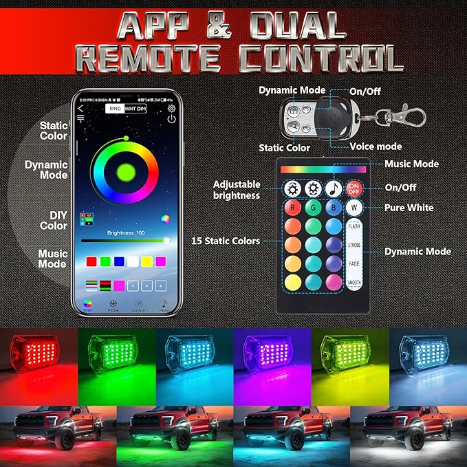 4 Pods Full Angle RGB LED Rock Lights for Jeep Truck ATV UTV RZR Offroad Golf Cart SXS, Waterproof Multicolor Neon Underglow Kit with APP/RF Remote, 12Volt Underbody Lights