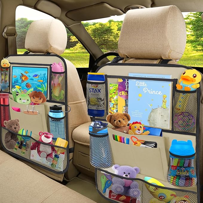 ULEEKA Car Backseat Organizer with 11" Table Holder, 10 Storage Pockets Seat Back Protectors Kick Mats for Kids Toddlers, Travel Accessories, 2 Pack, Beige