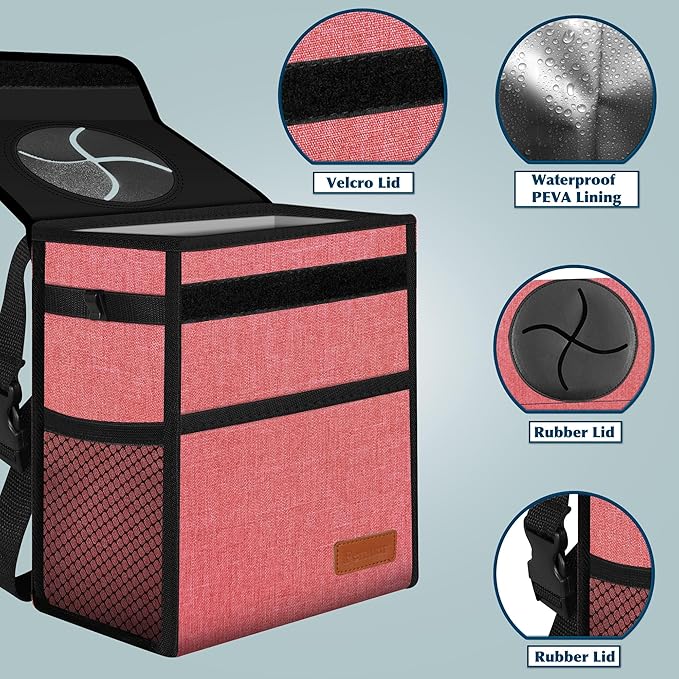 Femuar Car Trash Can with Lid - Leak Proof, Waterproof, Multipurpose Car Hanging for Headrest, Collapsible, Portable with Storage Mesh Pocket, Pink