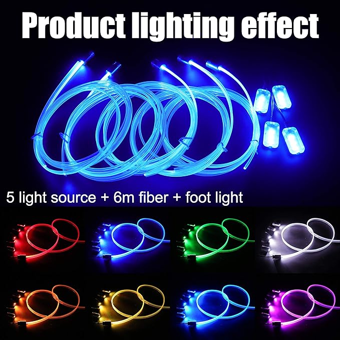 6 Meters Optic Fiber Car Ambient Lighting with Bluetooth App Control + RF Remote Control 64 Colors Multicoloured Music Interior Footwell Lighting Kit DC 12V 1W