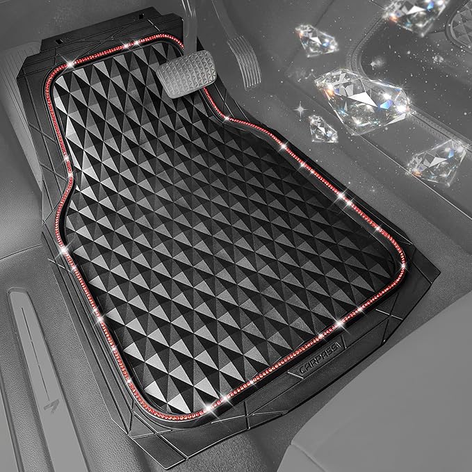 CAR PASS Bling Diamond Rubber Car Mats, Heavy Duty Deep Dish All-Weather Floor Mat Full Set Anti-Slip 3D Rhombus Waterproof Trim to Fit Liner Universal Glitter Sparkly Shining Rhinestone, 3 Pcs Red