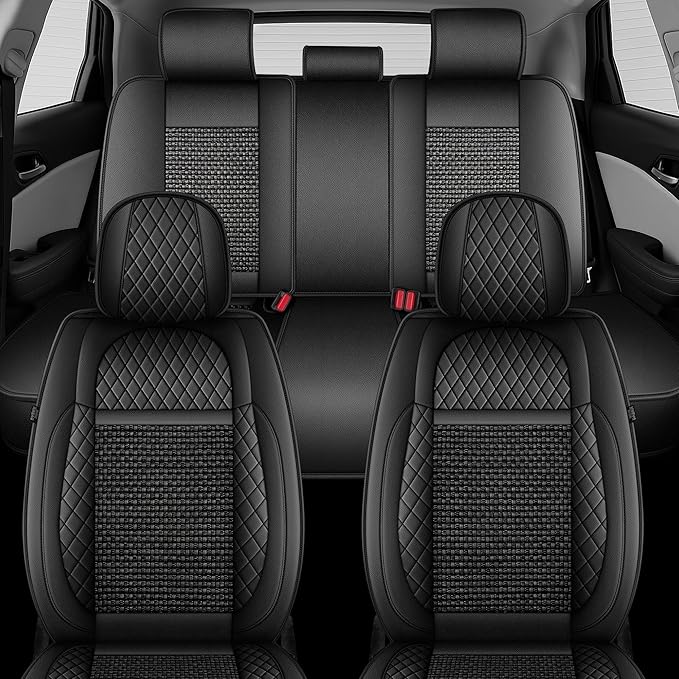 TTX LIGHTING for Jeep Renegade 2015-2023 Car Seat Covers, Breathable Ice Silk & Leather Seat Protector, Cool & Anti-Sweat for Long Driving, Airbag Compatible, 5 Seats Full Set (Black)