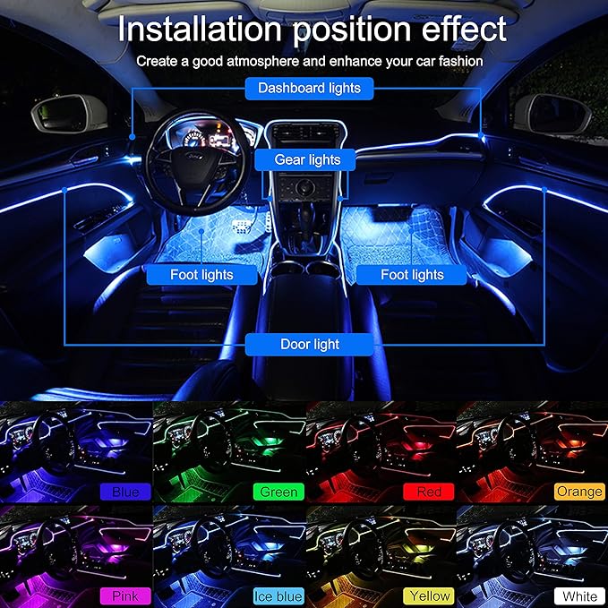 6 m Optic Fiber Car Ambient Lighting Kit Bluetooth App Control 64 Colors Multicoloured Music Interior Lighting Kit 12V 1W