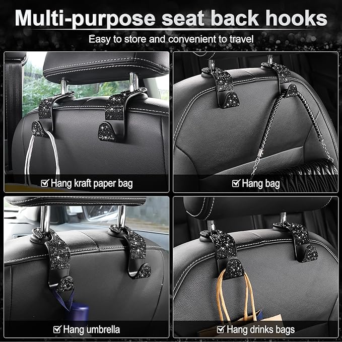 LivTee Car Seat Headrest Hook, Auto Seat Hook Hangers Storage Organizer Interior Accessories for Purse Coats Umbrellas Grocery Bags Handbag, 4-Pack(Bling Black)