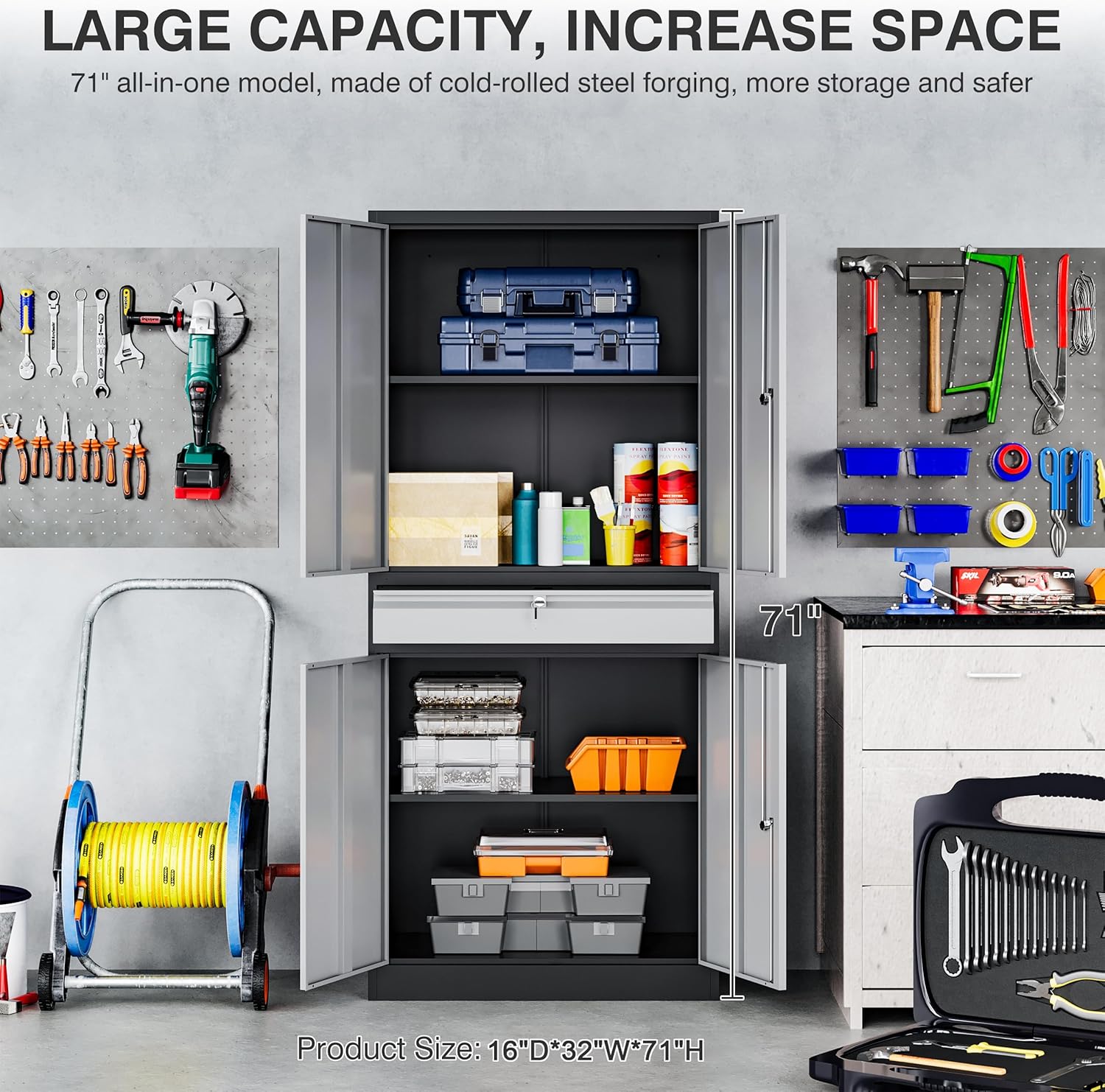 Metal Garage Storage Cabinet with Doors and Shelves, Lock, Drawer - 71" Lockable Steel Cabinet for Home, Office