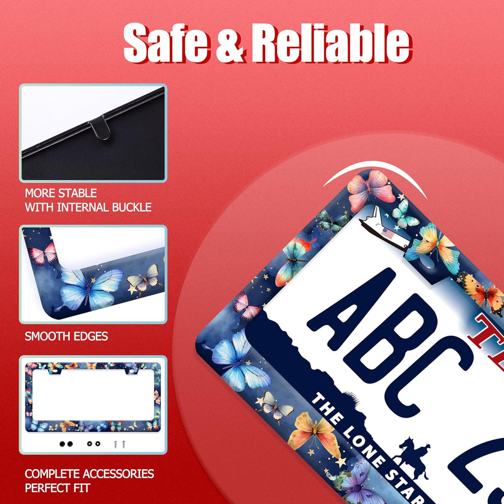 Colorful Butterfly License Plate Frame Fantasy Butterflies License Plate Frames Funny Stainless Steel Accessories Cars Decor with 2 Holes and Screws Fits Standard Us Ca Vehicles Holder 12.2 X 6 Inch