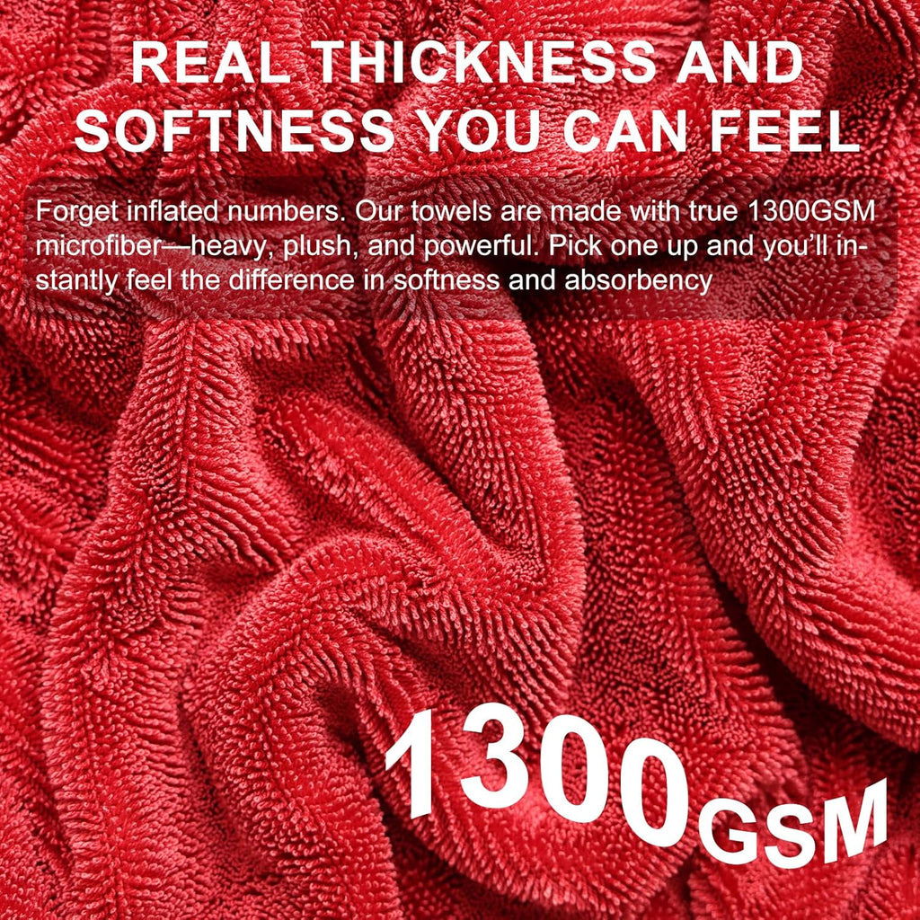 2 Pack XL Car Drying Towel – 1300GSM Ultra Absorbent Microfiber, 24"x36" Large Size, Twisted Loop, Lint-Free & Streak-Free for Auto Detailing, Car, SUV, Truck(Gray-RED)