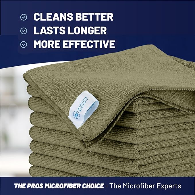 MW Pro Microfiber Cleaning Cloth | Olive | 12 Pack | 16” x 16” | All Purpose Microfiber Towels - Clean, Dust, Polish, Scrub, Absorbent