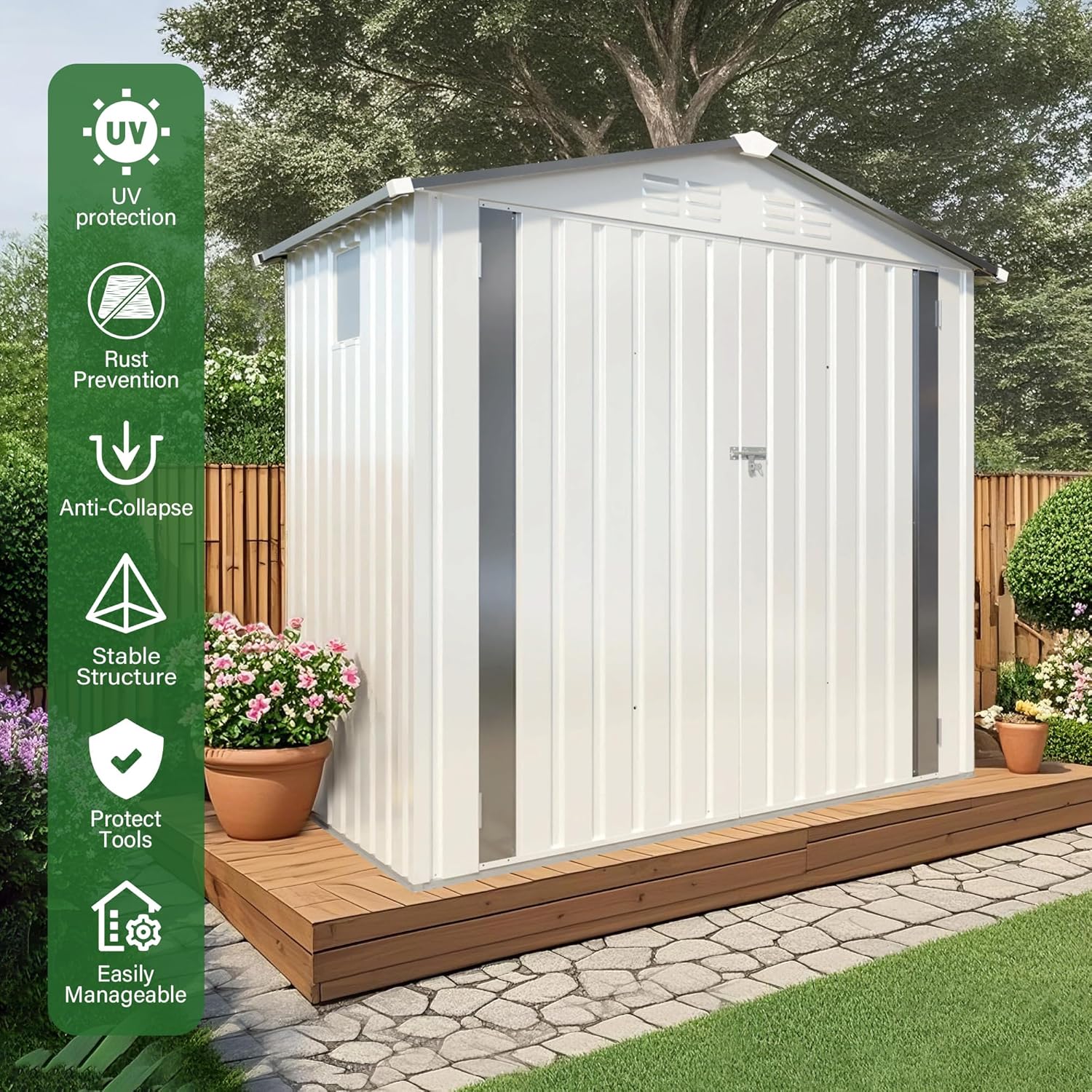6X3.5 FT Outdoor Storage Shed with Window, Metal Garden Sheds w/Lockable Door and Vents, Waterproof Steel Tool House for Backyard, Patio, Lawn, Sundries & Utility Storage, White