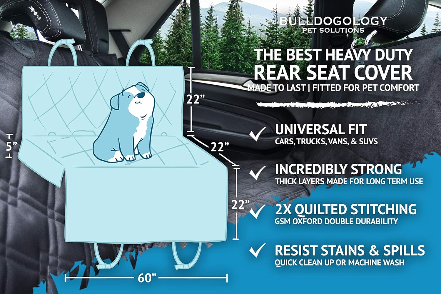 Bulldogology Dog Car Seat Cover 64"x60" Waterproof Heavy Duty Bench Dog Hammock Backseat Protector from Hair, Muddy Paws, Scratches - Pet Car Seat Cover for Cars Trucks SUVs (X-Large)