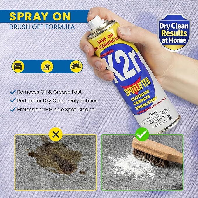 K2R SpotLifter Spot Remover Spray – Quick-Drying Stain Remover for Clothing, Carpets, Upholstery & Wallpaper – Built-In Brush Cap for No-Mess Touch-Ups – 10oz (1, 1)