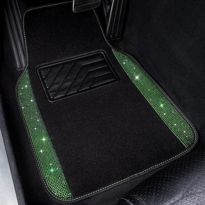 CAR PASS Shining Rhinestones Carpet, Bling Crystal Diamond Sparkly Glitter Car Floor Mats with Anti-Slip PVC Heel Pad Automotive Universal for SUV,Sedan,Car,Van,4pcs for Girl Women Green Diamond