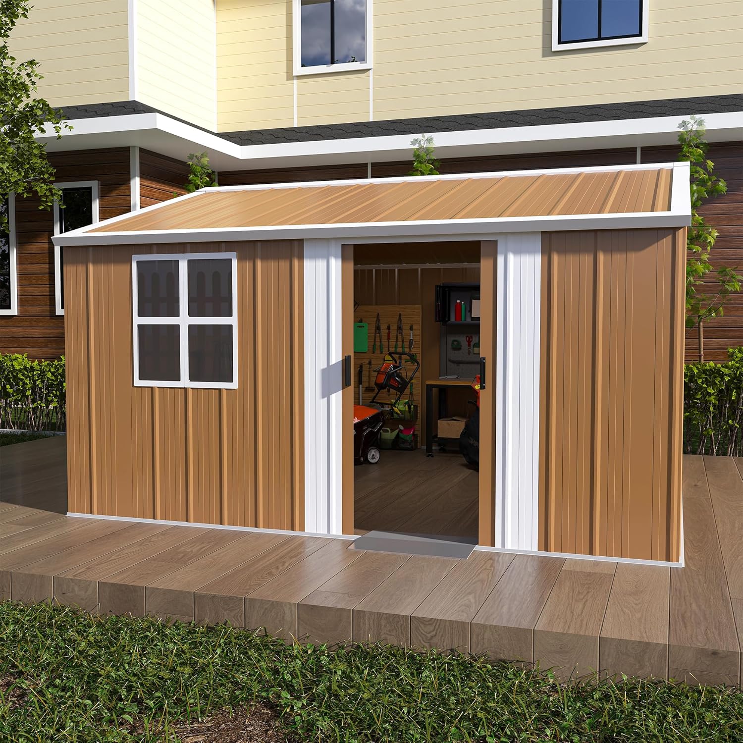 12 x 10 FT Outdoor Storage Shed, Metal Garden Tool Shed with Slooping Roof, Lockable Doors and Windows, All-Weather Weatherproof Blike shed for Garden, Patio, Lawn, Yellow