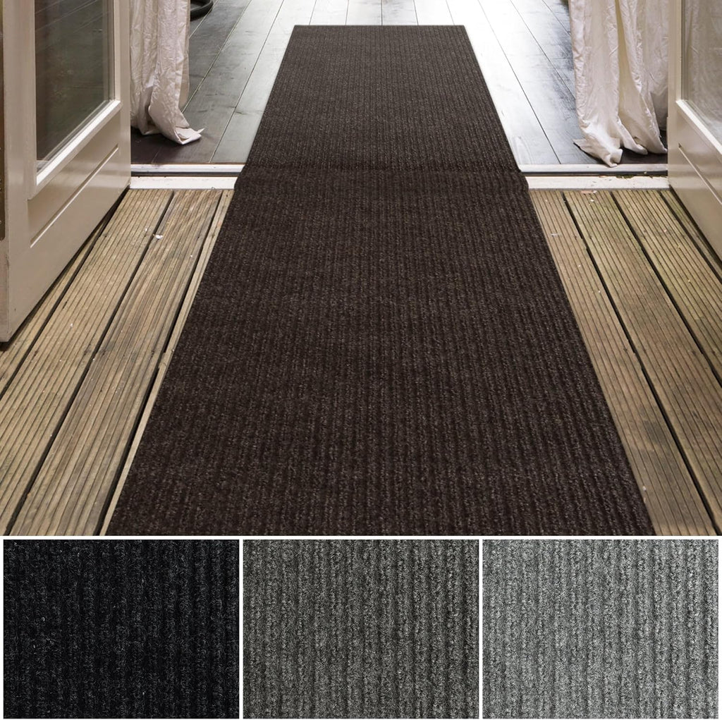 iCustomRug Spartan Weather Warrior Indoor/Outdoor Utility Ribbed Carpet Runner with Non-Slip Thermoplastic Rubber Backing, 6ft X 28ft in Brown