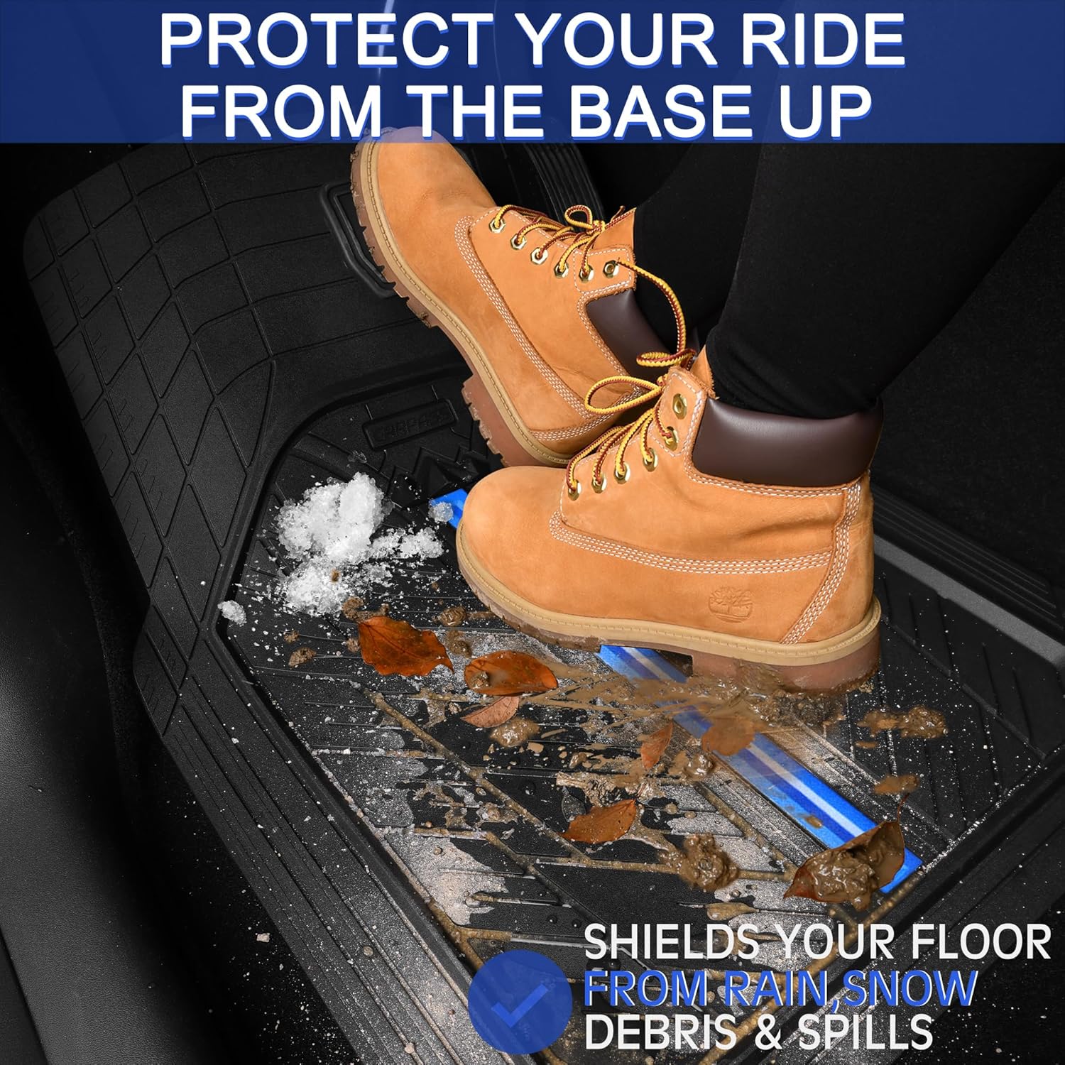CAR PASS Metal Medium Rubber Floor Mats for Car Heavy Duty Car Mats All Weather, Universal Trim to Fit for Truck SUV Vehicle Automotive Floor Mats, Waterproof Car Mats 4 Piece Black Bule
