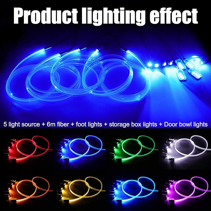 Car Interior Ambient Lighting Optic Fiber RGB 64 Colors Multicoloured Music Car Footwell Lighting Kit with Cigarette Lighter and App Microphone, 12-24V 6m