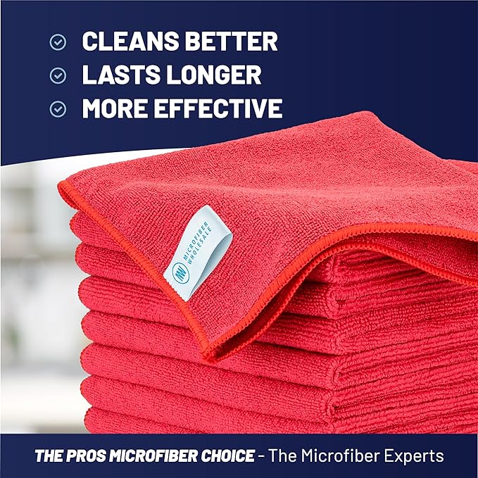 MW Pro Microfiber Cleaning Cloth | Red (12 Pack) | Size 16" x 16" | All Purpose Microfiber Towels - Clean, Dust, Polish, Scrub, Absorbent