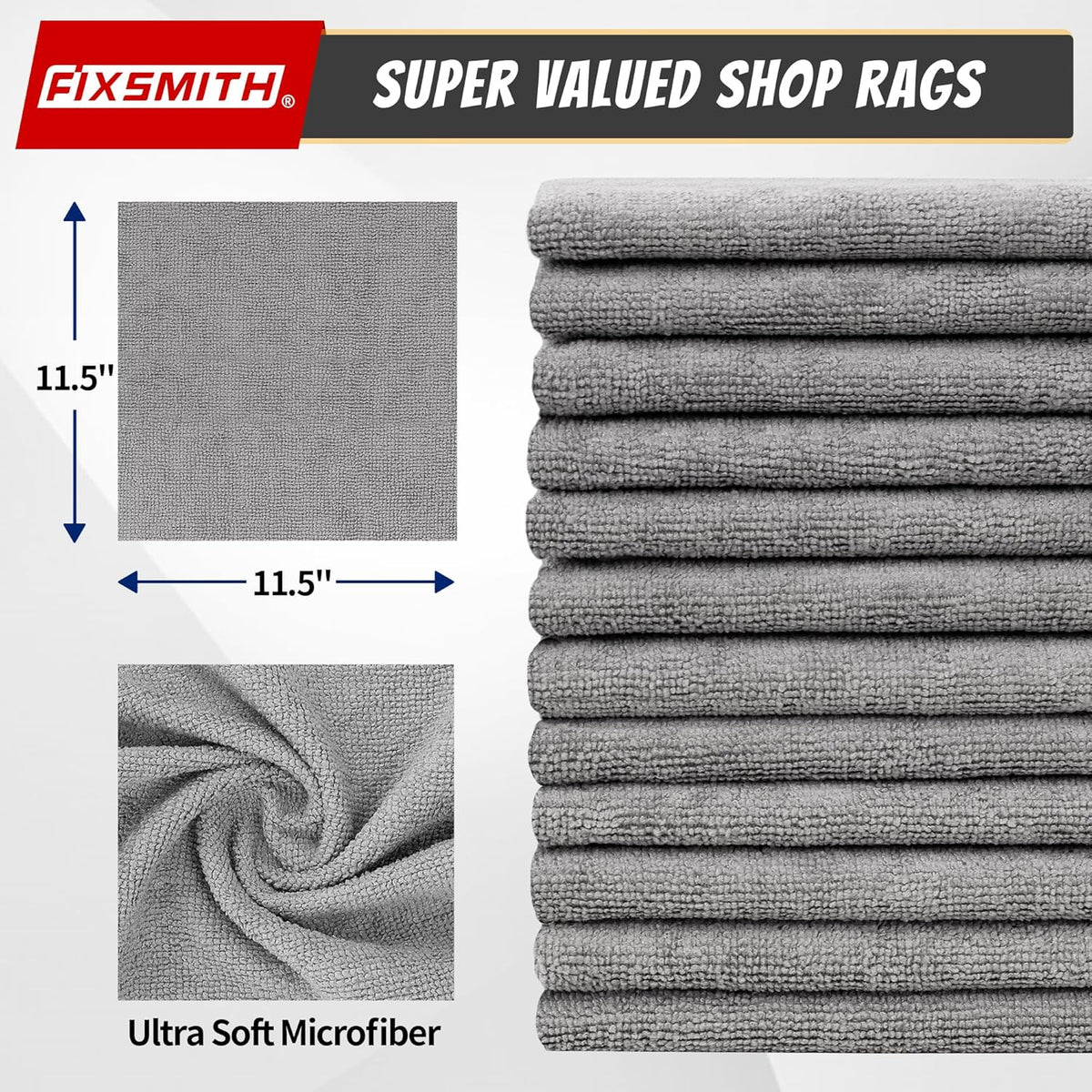 FIXSMITH Shop Towels, Pack of 50, Grey Microfiber Cleaning Cloth Bulk, Microfiber Towels for Cars, All-Purpose Absorbent Cleaning Rags, Dust Cloth for Automotive, Mechanic, Garage, 11.5 x 11.5 inch