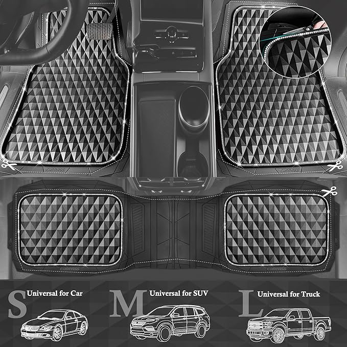 CAR PASS Bling Diamond Black Rubber Car Mats, Heavy Duty Deep Dish All-Weather Floor Mat Anti-Slip 3D Rhombus Waterproof Trim to Fit Liner Universal Glitter Sparkly Shining Rhinestone, 3 Pcs Silver