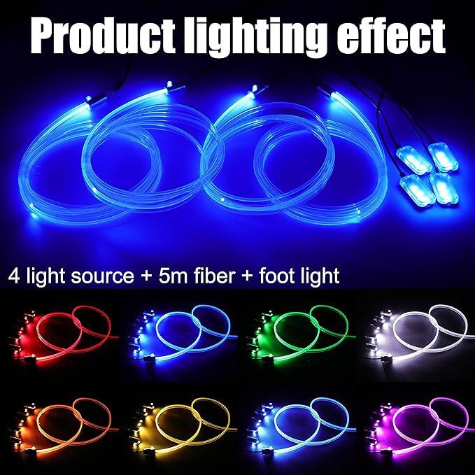 5 Meters Optic Fiber Car Ambient Lighting with Bluetooth App Control + RF Remote Control 64 Colors Multicoloured Music Interior Footwell Lighting Kit DC 12V 1W